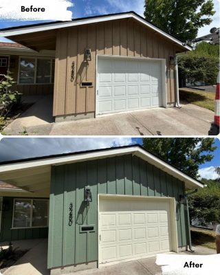Two photos show a painter’s work: a garage in Portland repainted by Pearl Painters from beige to green, with white doors and black fixtures.