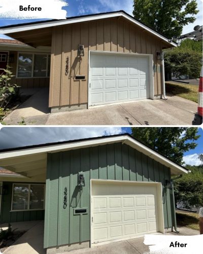 Two photos show a painter’s work: a garage in Portland repainted by Pearl Painters from beige to green, with white doors and black fixtures.