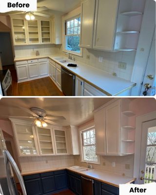 Before and after images show Pearl Painters in Portland repainting kitchen cabinets dark blue and adding new backsplash tiles.