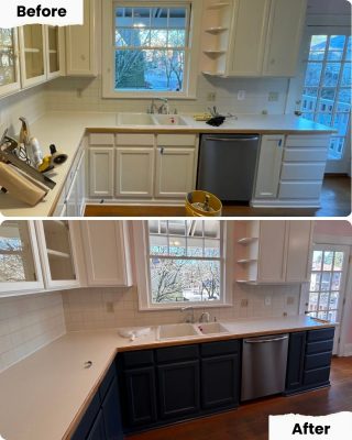 Pearl Painters in Portland repainted lower kitchen cabinets from white to dark blue; uppers and countertops are unchanged.