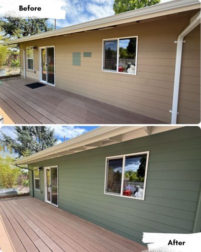 Portland house exterior shown before and after painting by Pearl Painters; siding repainted from beige to green, deck unchanged.