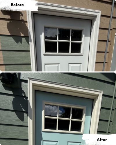Side-by-side view of a door in Portland before and after painting by Pearl Painters; color changes from white with tan siding to light blue with green siding.
