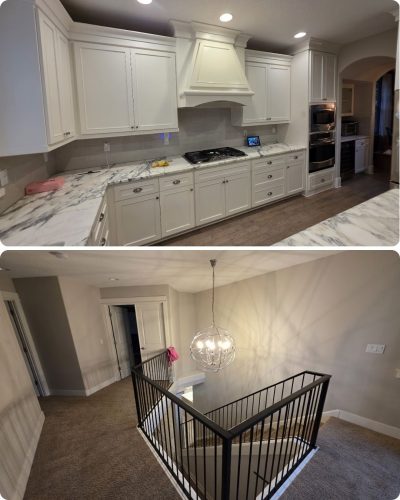 Kitchen with white cabinets, marble counters; hallway with carpet, metal railing. Painted by Pearl Painters, Portland painter.