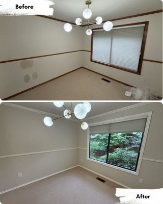 Split image shows a room before and after renovation by Pearl Painters in Portland, with fresh painting, new window, and better lighting.