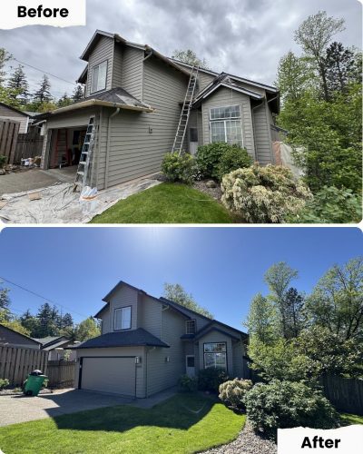 Two photos of the same Portland house: top shows painters at work, bottom shows it freshly painted by Pearl Painters.