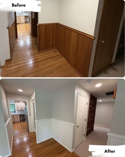 Pearl Painters in Portland painted the hallway: wood paneling and brown doors are now white with lighter walls, white doors, and updated trim.