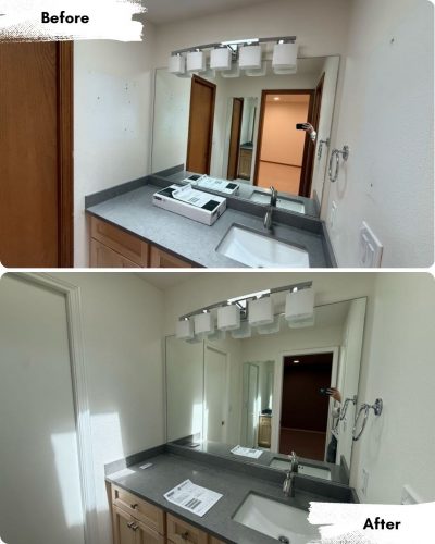 Before: Bathroom vanity with no mirror, as seen in Portland. After: Pearl Painters installed a large mirror above the sink, reflecting light and space in the freshly painted bathroom.