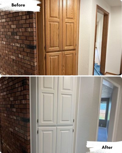 Brown brick wall and wooden cabinets before; after, painter from Pearl Painters in Portland painted both white for a brighter, modern hallway.