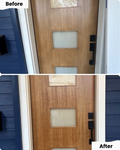 Before and after of a wooden door with frosted glass panels; lock changes from silver to matte black by Pearl Painters in Portland.