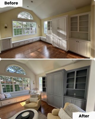 Living room in Portland before and after painting by Pearl Painters: white built-ins repainted gray, furniture added.