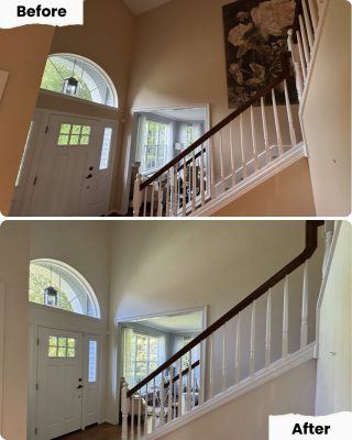 Before and after photos of a staircase by Pearl Painters in Portland; painter removed wall art for a cleaner, simpler entryway look.