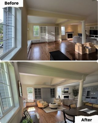 Before-and-after images of a Portland living room renovated by Pearl Painters show new paint, gray cabinets, and updated furniture.