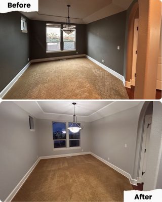 Before and after by Pearl Painters in Portland: painter changed walls from dark gray to light gray; carpet and lighting unchanged.