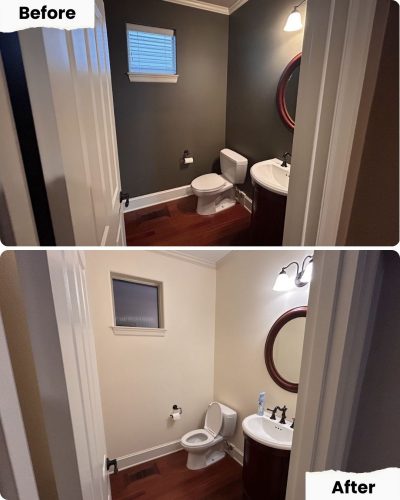 Pearl Painters painted a Portland bathroom, changing walls from dark gray to light beige; fixtures and layout are unchanged.