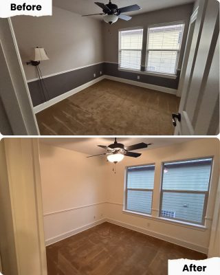 Pearl Painters in Portland repainted room walls from dark gray and white to all white; furniture and carpet stayed the same.