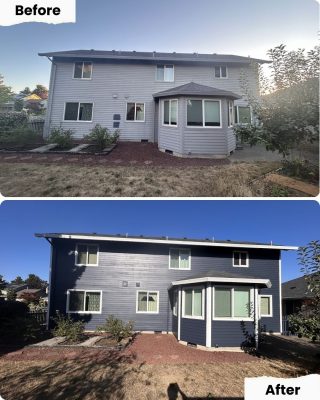 Before and after photos of a house in Portland; Pearl Painters painted the siding from light gray to dark blue.