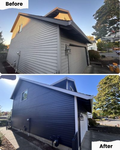 Side view of house in Portland before and after Pearl Painters painted siding from light gray to dark blue.