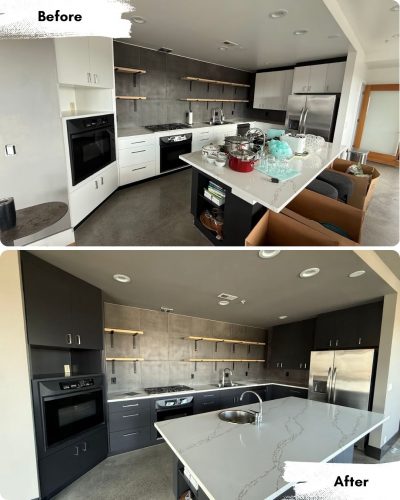 Pearl Painters kitchen remodel: before and after painting white cabinets dark gray.