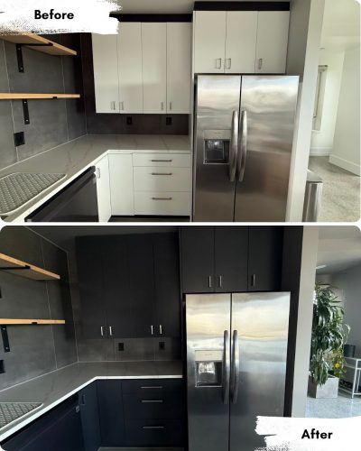 Before and after kitchen painting by Pearl Painters in Portland, showing cabinets updated from white to black.