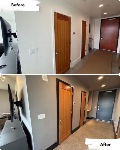 Before and after photos of an entryway repainted from white to dark gray by Pearl Painters in Portland.