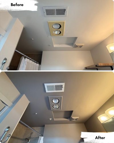 Before and after view of a bathroom ceiling and light fixture painting by Pearl Painters in Portland.