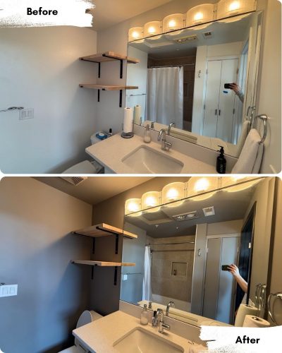 Before and after photos of a bathroom painting project by Pearl Painters in Portland, showing a transition from white to dark gray walls.
