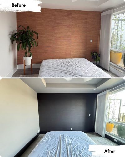 Before and after of a bedroom wall painted dark charcoal by Pearl Painters in Portland.