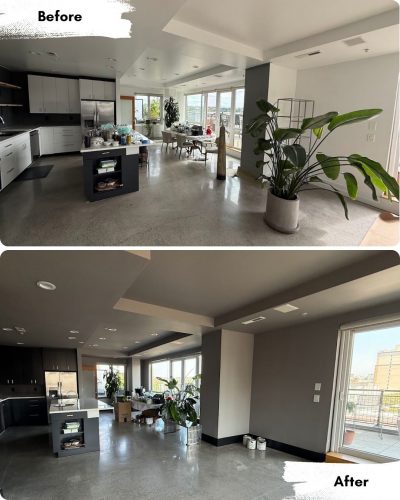Before and after of a Pearl Painters interior painting project in Portland, featuring walls and ceilings changed from white to dark gray.
