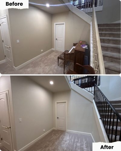 Before and after stairway photos; Pearl Painters in Portland painted, cleared furniture, and installed black metal railings.