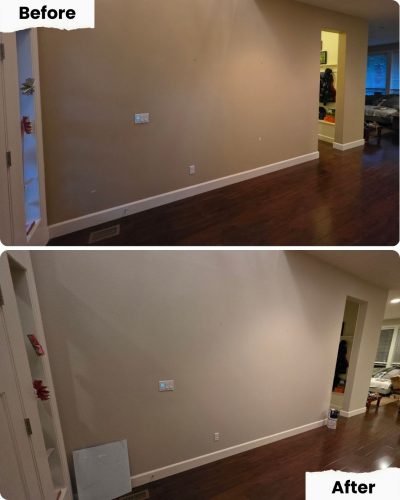 Before and after photos by Pearl Painters in Portland show a beige wall, with the vent cover removed and little else changed.