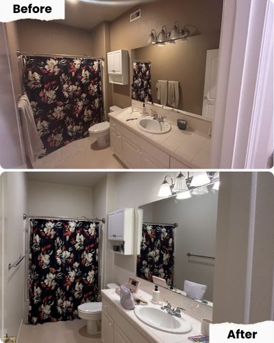 Pearl Painters' before and after photos of a Portland bathroom show walls painted from beige to white; all else unchanged.