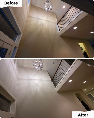 Side-by-side of entryway before and after painting by Pearl Painters in Portland; wall looks cleaner and brighter after.