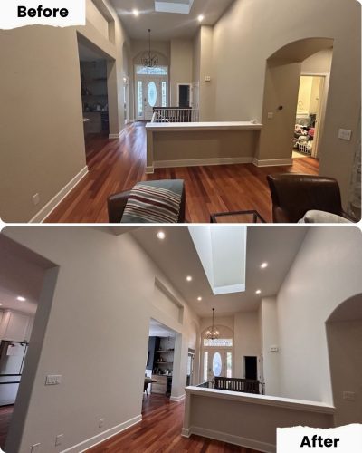 Before and after photos show Pearl Painters repainting living room walls from beige to white in Portland; furniture unchanged.