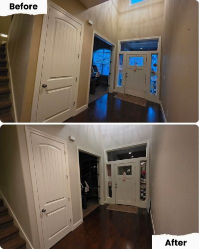 Before and after photos of entryway door painted from dark wood to white by Pearl Painters, Portland.