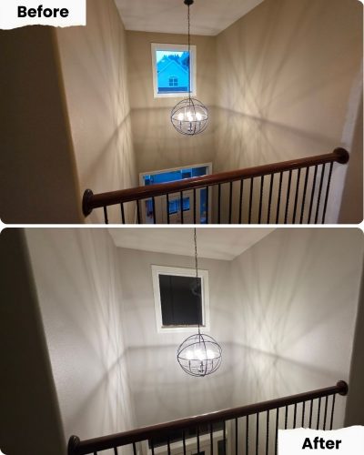 Before and after photos of a stairwell painted by Pearl Painters in Portland; blackout shade covers window in the after image.