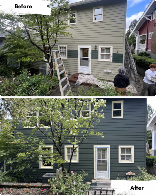 Before-and-after photos of a house in Portland: Top shows faded light green paint; bottom shows the house freshly painted dark green with white trim by Pearl Painters.