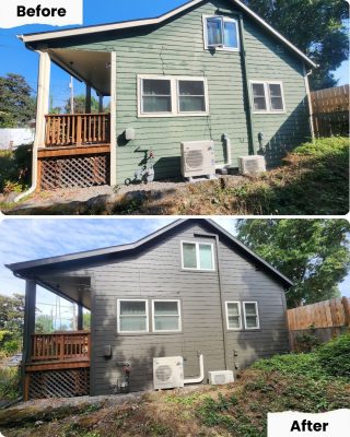 Before-and-after of house exterior painting by Pearl Painters in Portland; green peeling paint to smooth dark gray finish.