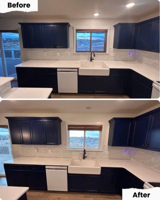 Kitchen renovation before and after in Portland; Pearl Painters removed upper right cabinet, creating open space above counter and window.