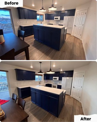 Before and after images of a Portland kitchen painted by Pearl Painters; only the pendant lights above the island were removed.