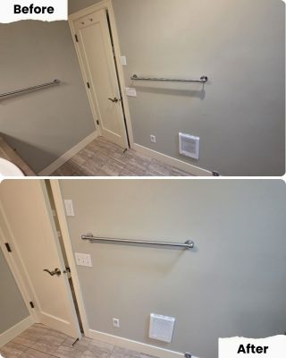 Bathroom wall before and after by Pearl Painters, Portland; towel bar moved lower and right in the painted after photo.