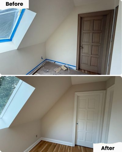 Painter finished wood floor, painted walls and door white. Pearl Painters, Portland.