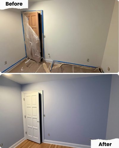 Before: Painter preps room in Portland with plastic and floor covers. After: Pearl Painters finish painting; new door, hardwood exposed.