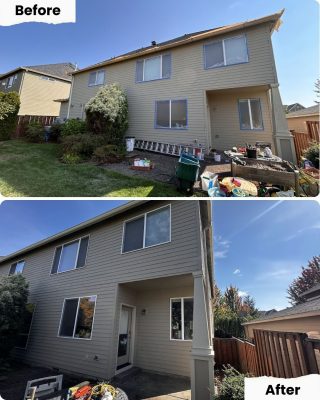 Before and after of Portland house; Pearl Painters cleaned yard, trimmed bushes, and improved exterior appearance.