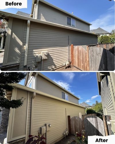Side view of a house in Portland: before and after painting by Pearl Painters, showing cleaner, newly painted siding and trim.