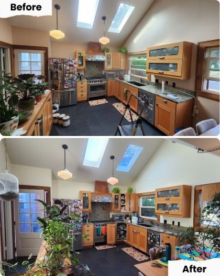 Before and after kitchen images by Pearl Painters in Portland show more plants and fewer magnets or small items after painting.