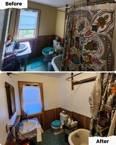 Before: brown walls, colorful curtain; after: Pearl Painters painted white walls, simple shower. Bathroom in Portland.