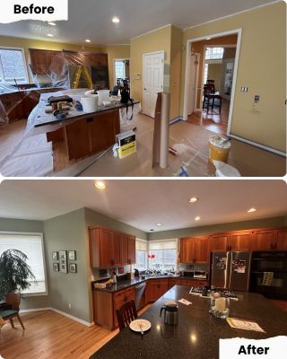 Before: kitchen renovation in progress; after: new painting by Pearl Painters, Portland, plus granite countertops.