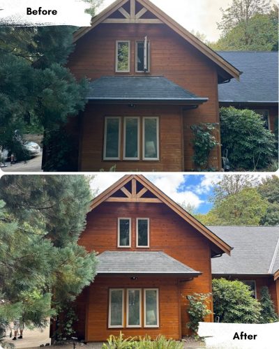 Pearl Painters before and after photos of a cedar-sided house painting project in Portland.
