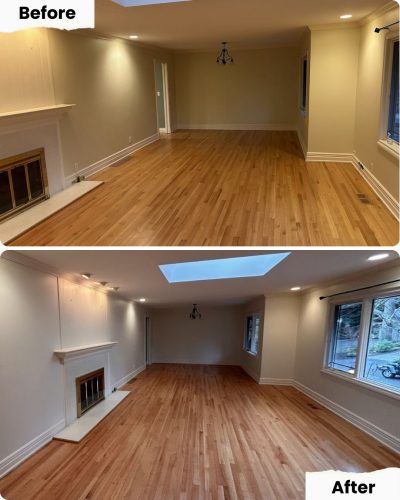 Before: empty living room with plain walls; after: Pearl Painters repaint, new skylight and window treatments in Portland home.