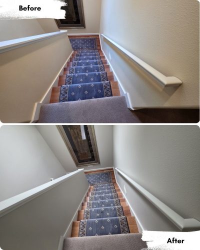 Before and after photos of a staircase painted by Pearl Painters in Portland, showing fresh white paint on the left railing and wall trim; carpet and runner unchanged.